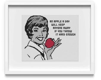 Funny 'Apple a Day' Retro Cross Stitch Pattern (Digital Download)