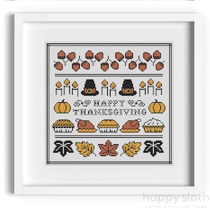 Thanksgiving Sampler Cross Stitch Pattern: Pies, Pilgrim (Digital Download)