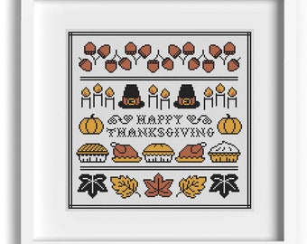 Thanksgviing Sampler Cross Stitch Pattern / Inspired by Traditional Cross Stitch Patterns / Pilgrim Cross Stitch Pattern / Pies, Fall, USA