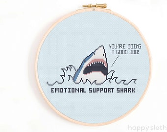 Modèle de point de croix de requin de soutien émotionnel - Tableau de point de croix de requin drôle - Modèles de point de croix idiots - Modèle animal mignon