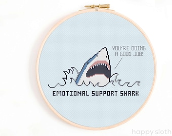 Emotional Support Shark Cross Stitch Pattern -  Funny Shark Cross Stitch Chart - Silly Cross Stitch Patterns - Cute Animal Pattern