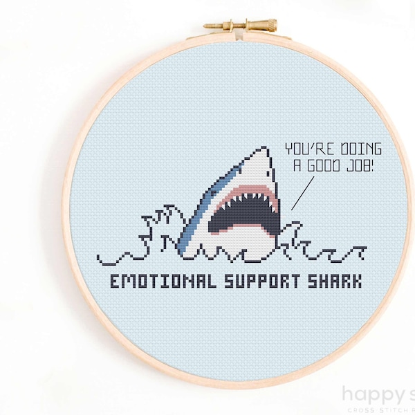 Emotional Support Shark Cross Stitch Pattern -  Funny Shark Cross Stitch Chart - Silly Cross Stitch Patterns - Cute Animal Pattern