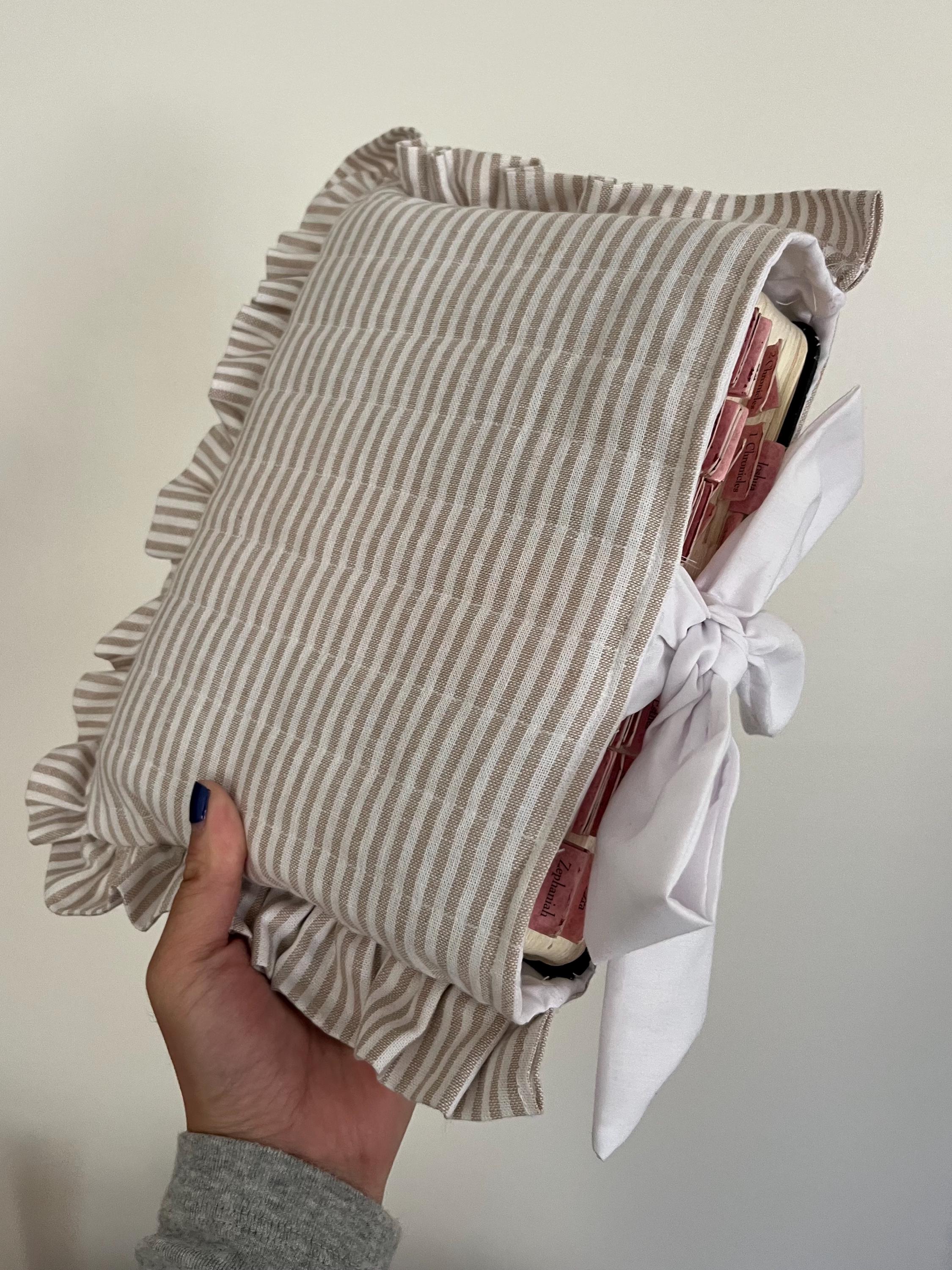 Quilted Bow Bible Sleeve with Ruffles and Stripes | Striped Quilted Book Sleeve | Gift for Women | Christian Gift for Women