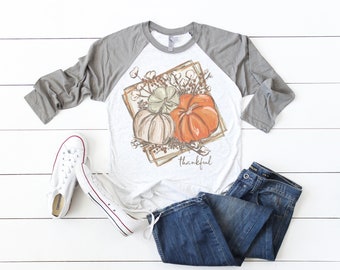Thankful Raglan | Thanksgiving Shirt | Pumpkin Watercolor Raglan | Fall Raglan