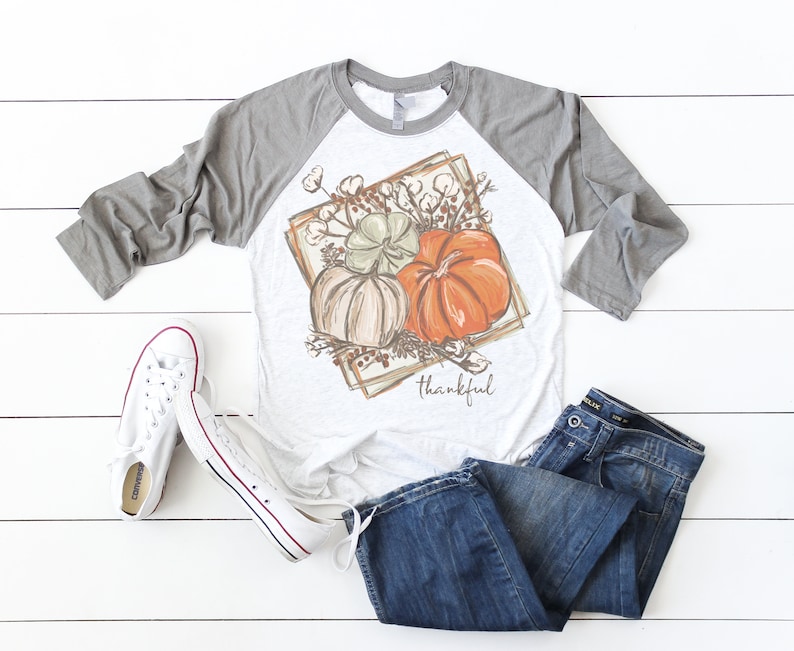 Thankful Raglan Thanksgiving Shirt Pumpkin Watercolor Raglan Fall Raglan image 1