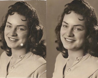 May include: A black and white photo of a woman with her hair styled in a curled bob. She is wearing a light-colored sweater and a necklace with a cross pendant.
