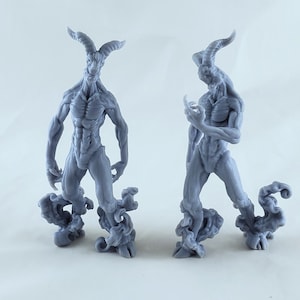 May include: Two gray 3D printed figurines of a horned demon with a muscular build and a tail. The demon is standing on a base of swirling smoke.