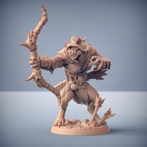 May include: A beige-colored figurine of a wolf-like creature in a dynamic pose, holding a bow and arrow. The figure is detailed with a hood, skull accents, and a menacing expression. The arrows are on the ground, and the figure is standing on a rocky base.