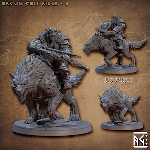 May include: A gray plastic miniature of an Orc riding a wolf. The Orc is holding a spear and wearing armor. The wolf is snarling and has a saddle. The miniature is on a round base. The text "ALTERNATIVE VERSION! BALLJOINT WEAPONS!" is visible in the image.