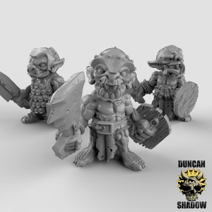 May include: Three gray plastic miniature goblin figurines, each with a different pose and weapon. The goblin in the center is holding a large axe and shield. The goblin on the left is holding a sword. The goblin on the right is holding a shield.