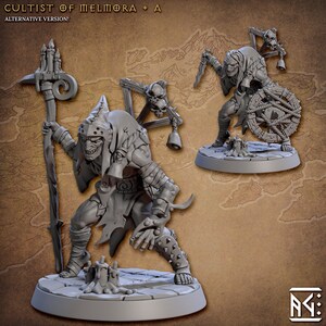 May include: Two gray painted miniature figures of cultists, one holding a staff with a skull and candles, the other holding a knife and a rope-bound wheel. Both figures are wearing hooded robes and have a menacing expression.