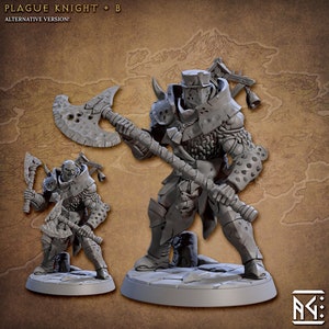 May include: A gray, detailed miniature of a Plague Knight, a skeletal warrior wearing armor and wielding a large axe. The miniature is posed in a fighting stance, with the axe raised above its head. The miniature is set on a circular base.