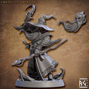 May include: A gray 3D printed miniature of a wizard with a long beard and a pointed hat, holding a staff and a sword. The miniature is standing on a round base. The text "Cornelius Greathat" is visible at the top of the image. An alternative version of the wizard's head is shown in the upper right corner of the image.