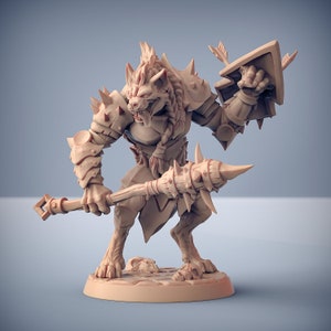May include: A detailed miniature figurine of a wolf-like creature wearing armor and wielding a spiked club. The figure is painted in a light brown color and has a fierce expression.