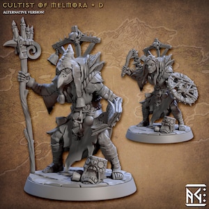 May include: Two gray painted miniature figures of cultists. The figure on the left is wearing a hooded robe, a plague doctor mask, and holding a staff with candles. The figure on the right is holding a shield and a weapon. Both figures are standing on round bases.