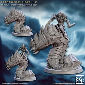 May include: A gray Frostworm Rider miniature figure with a 50mm base. The figure depicts a worm-like creature with a rider holding two knives. The text "FROSTWORM RIDER + C" and "50MM BASE - INTERCHANGEABLE MODULAR RIDER!" is visible.