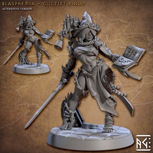May include: A gray 3D printed miniature of a female figure wearing a hooded robe and holding a book. The figure is holding a sword in one hand and a book in the other. The book has the text "SUMMON HOLY FLAMES" written on it. The figure is standing on a circular base.