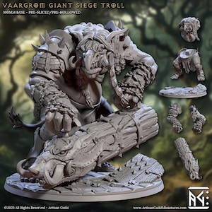 May include: A gray, 3D-printed miniature of a Vaargrøm Giant Siege Troll, holding a log weapon. The model is on a 100mm base and includes pre-sliced and pre-hollowed parts. Additional components are shown. Text on the image reads "VAARGROIM GIANT SIEGE TROLL".