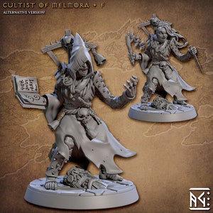 May include: A gray 3D printed miniature of a female figure wearing a hooded robe and holding a book. The figure is standing on a circular base with a skull and bones design. The figure is wearing a necklace with a skull pendant. The figure is holding a book with the text "Speak Truth" written on it. The figure is wearing a robe with a hood that is pulled over her head. The figure is wearing a belt with a skull buckle. The figure is wearing a necklace with a skull pendant. The figure is holding a book with the text "Speak Truth" written on it. The figure is wearing a robe with a hood that is pulled over her head. The figure is wearing a belt with a skull buckle.