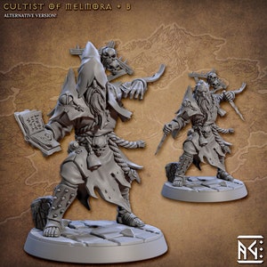 May include: A gray plastic miniature figurine of a hooded figure holding a book and a dagger. The figure is wearing a long robe with a rope belt and has a skull pendant. The figure is standing on a round base.