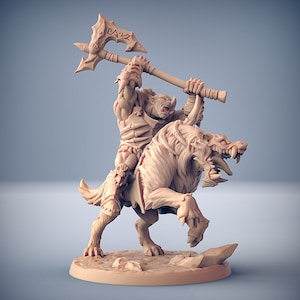 May include: A miniature figurine of an Orc riding a wolf, holding a large axe with runes on it. The Orc is wearing armor and has a fierce expression. The wolf is snarling and has sharp teeth.