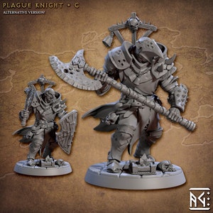May include: Two gray painted miniature figures of plague knights, one standing and one kneeling, both holding axes and shields. The figures are on circular bases with skulls and other details.