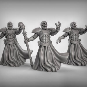 May include: Three gray skeletal figures wearing armor and robes, holding staffs. The figures are posed in a dynamic way, with their arms outstretched and their robes flowing.