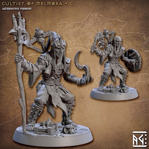 May include: A gray plastic miniature figurine of a humanoid creature with a staff, a sickle, and a skull. The creature is wearing a robe and has a pointed hat. The figurine is standing on a round base.