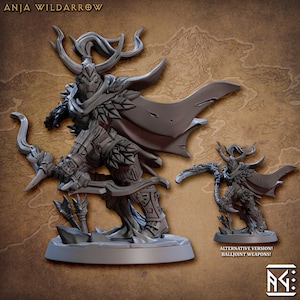 May include: A gray 3D printed miniature of a female warrior with antlers, wearing armor and holding a bow and arrow. The miniature is standing on a round base. The text "ALTERNATIVE VERSION! BALLJOINT WEAPONS!" is visible in the lower right corner of the image.