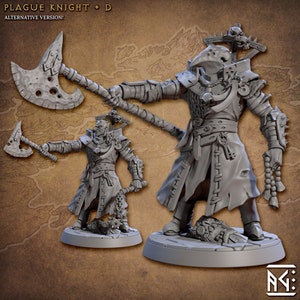 May include: A gray 3D printed miniature of a Plague Knight, a skeletal figure wearing a long robe and a bird-like mask, holding a large axe. The figure is standing on a round base.