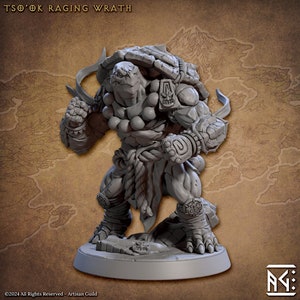 May include: A gray, detailed miniature figurine of a turtle-like creature with a muscular build, wearing a rope belt and a beaded necklace. The creature has a fierce expression and is in a fighting stance. The miniature is labeled "TSO'OK RAGING WRATH".