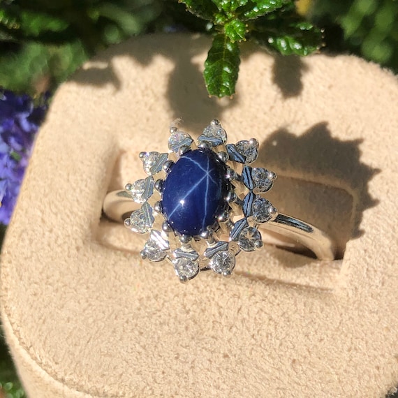 Serena // Cabochon Halo Ring Blue Sapphire Engagement Ring Star  Sapphire Ring Sterling Silver Sapphire Ring