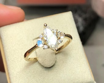 READY TO SHIP // Moonstone | Size 8.5 | 10kt Yellow Gold | Moissanite | Moonstone | Statement Ring | Marquise Cut Moissanite