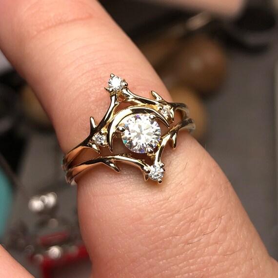 Fairy Moon V.2 Moissanite Ring Twig Branch Ring Witchy Jewelry