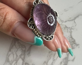 Anillo de amatista Anillo ovalado de plata 925 con talla de flor