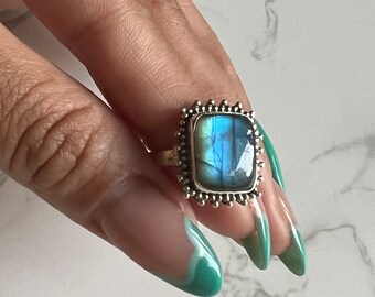 Anillo de labradorita - Anillo de cristal cuadrado 925