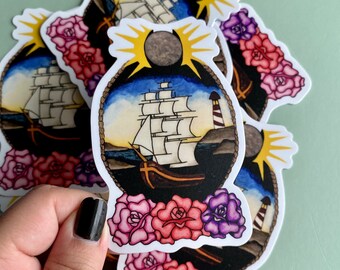 Setting Sail, Clipper Ship Sticker | White Vinyl Removable Glossy Sticker