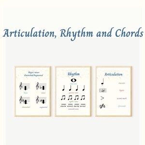 May include: Three framed illustrations of music theory concepts. The first frame shows the difference between major, minor, diminished, and augmented chords. The second frame shows different note values, including whole notes, quarter notes, eighth notes, and sixteenth notes. The third frame shows different articulation marks, including staccato, legato, accent mark, and sforzando.