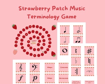 Pode incluir: Um tabuleiro de jogo rosa e branco com tema de morango. O tabuleiro de jogo é uma espiral com os números de 1 a 48. O tabuleiro de jogo inclui símbolos musicais e termos como 'Allegro', 'Crescendo', 'Adagio', 'Decrescendo', 'Andante' e 'Moderato'.