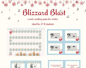 May include: A printable board game for 2-4 students called "Blizzard Blast" with a winter theme. The game board features a path with snowflakes and gingerbread houses. The game includes cards with musical notes and instructions for moving around the board.