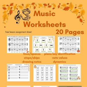 May include: A collection of music worksheets with a fall theme. The worksheets include exercises on lines and spaces, piano key identification, note values, and dynamics. The text on the image says "Music Worksheets 20 Pages".