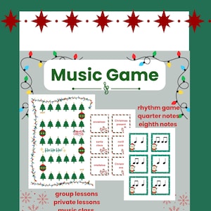以下が含まれることがあります： 「Music Game」というタイトルと音符が付いた、クリスマスをテーマにした音楽ゲーム。デザインにはクリスマスツリー、雪だるま、サンタクロースのイラストが含まれています。「rhythm game」、「quarter notes」、「eighth notes」というテキストが含まれています。