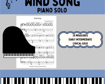 Może przedstawiać: Zapis nutowy zatytułowany Wind Song Piano Solo z czarną sylwetką fortepianu, nutami i polem tekstowym z napisem 25 measures, early intermediate, lyrical solo. Na dole obrazu znajduje się grafika przedstawiająca klawiaturę pianina.
