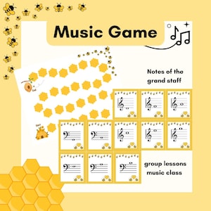 May include: A music game with a bee theme, featuring a yellow and white design. The game board shows a honeycomb path, and the cards display musical notes. Text includes "Music Game", "Notes of the grand staff", and "group lessons music class".