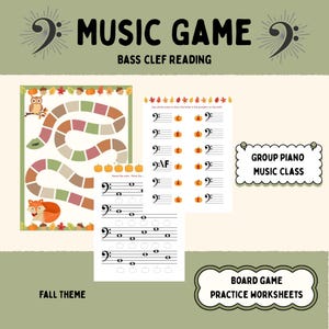 Può includere: Un gioco musicale per la lettura in chiave di basso con tema autunnale. Include un gioco da tavolo con un gufo e una volpe, schede di esercizi con grafiche di zucche e i testi MUSIC GAME, BASS CLEF READING, GROUP PIANO MUSIC CLASS, FALL THEME.