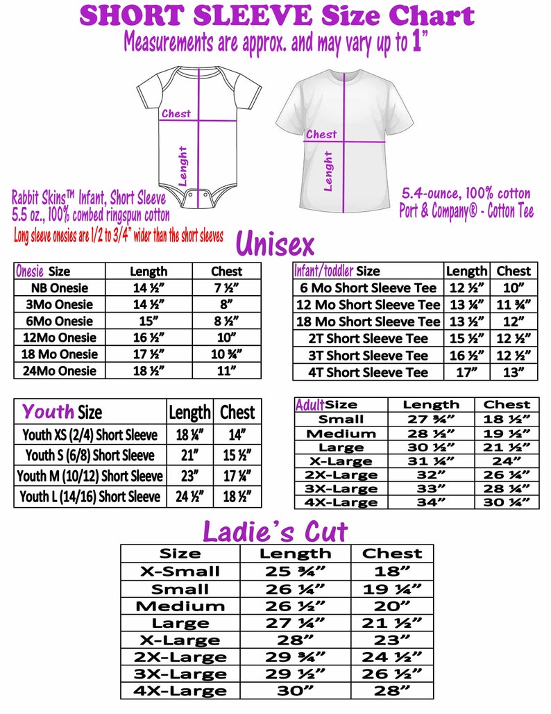 May include: Size chart for short sleeve shirts and onesies. The chart includes measurements for chest and length in inches. The chart is divided into three sections: Unisex, Youth, and Ladies' Cut.