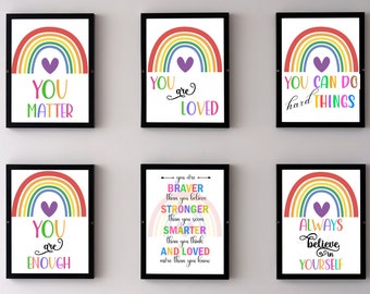 Affirmations wall art for kid, I am affirmation sign, kids room wall decor, Digital Download and Printable Art,  rainbows, bright colors