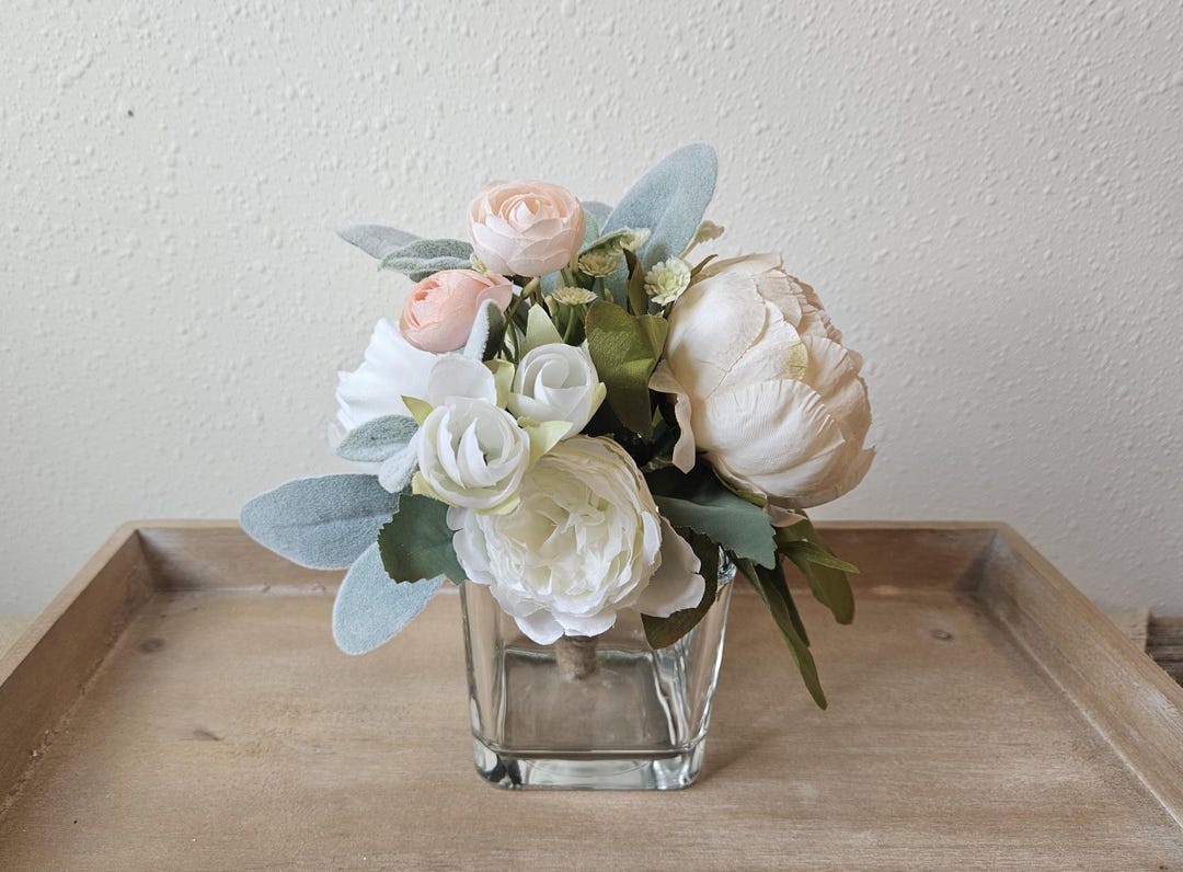 Pink and White Peony Arrangement in Glass Vase - Small Floral ...