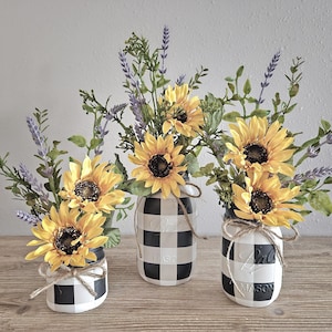 Rustic Vase, Buffalo Plaid Vase, Rustic Decor, Black and White Buffalo Check, Mason Jar Vase, Centerpiece, Flower Vase