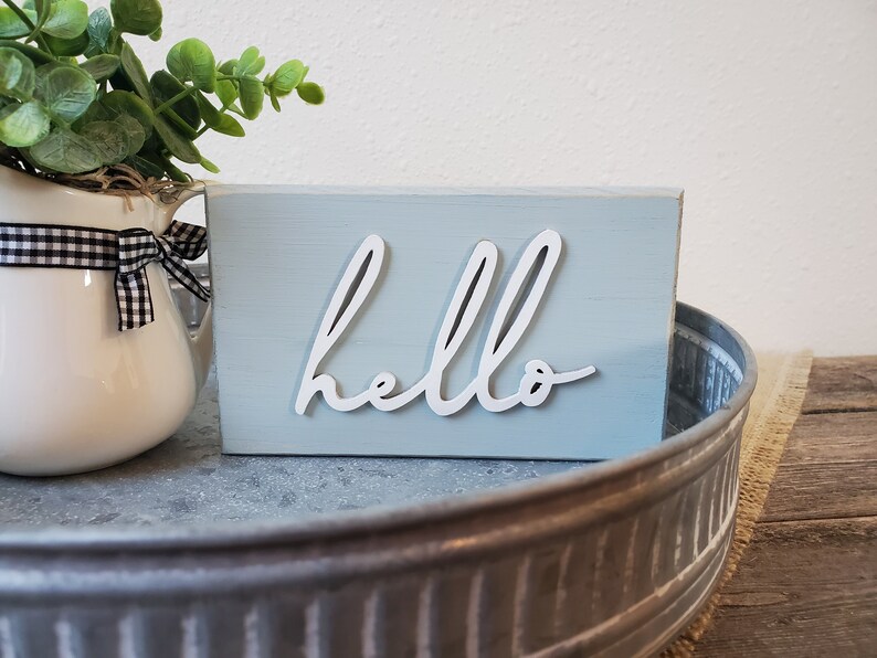 Hello Sign Tiered Tray Decor Tabletop Sign Tiered Tray Sign image 1